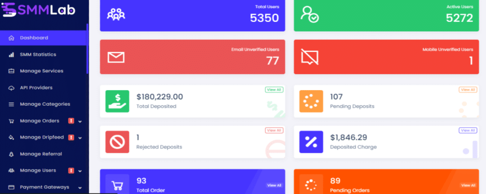 Screenshot of SMM Lab Admin Dashboard showcasing a user-friendly interface for managing social media services