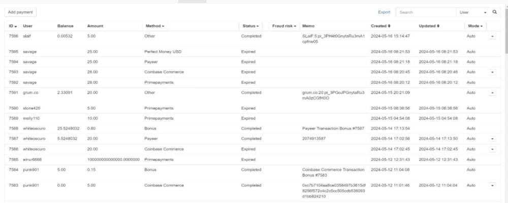 "Perfect Panel main features for admins showcasing the payment history section with detailed transaction records